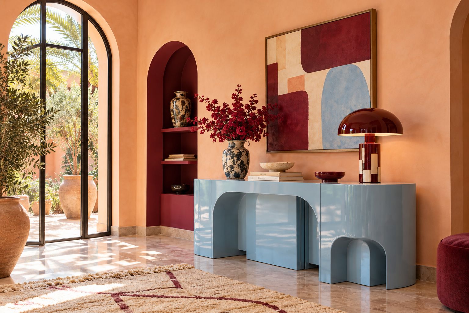 Entrée aux murs abricot, console laquée bleu poudré aux pieds en arche, niche bordeaux et bouquet rouge