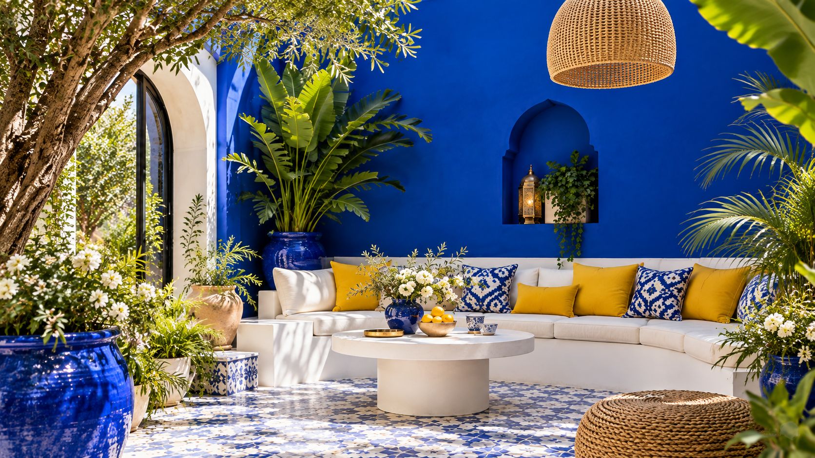 Patio au mur bleu Majorelle, banquette blanche aux coussins jaune safran et sol en zellige bleu et blanc