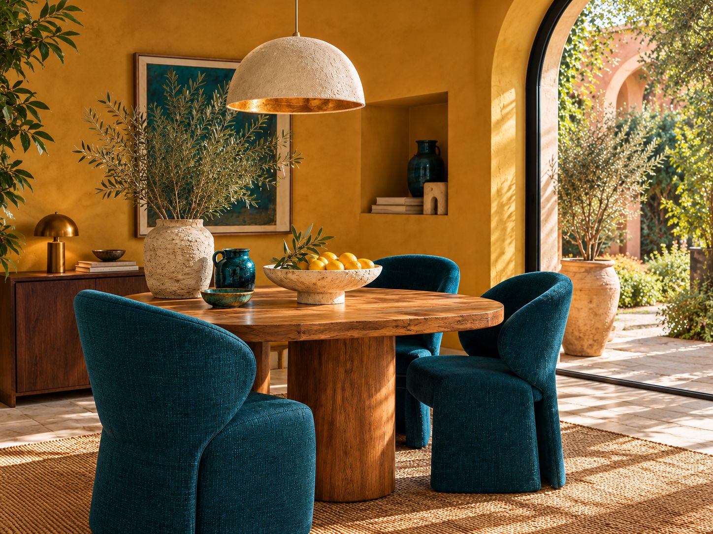 Salle à manger aux murs ocre, fauteuils en velours bleu pétrole autour d’une table ronde en bois, suspension en raphia