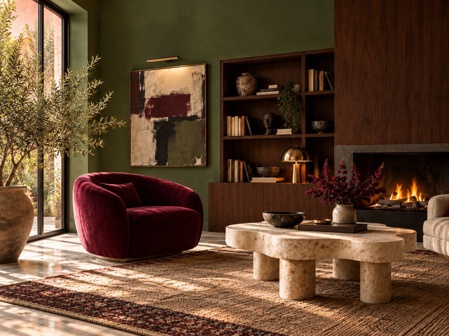 Salon aux murs vert olive avec cheminée, fauteuil en velours grenat et table basse en travertin