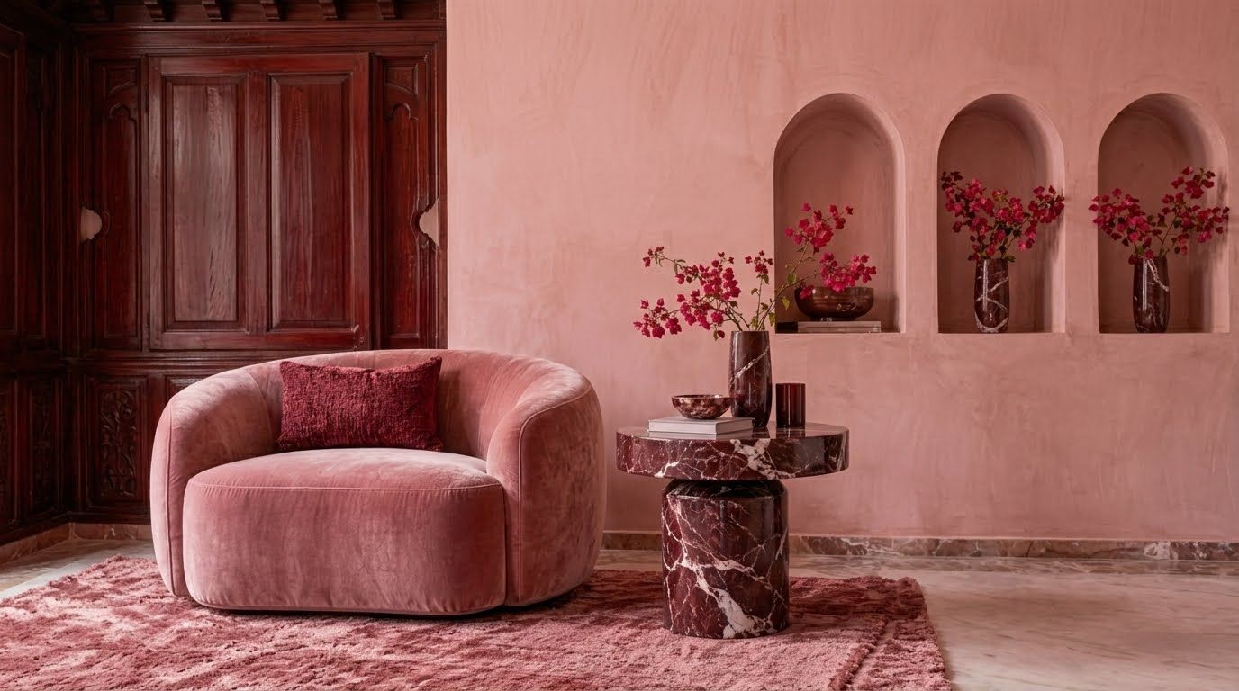Coin lecture aux murs vieux rose, fauteuil arrondi en velours rose et guéridon en marbre rouge veiné