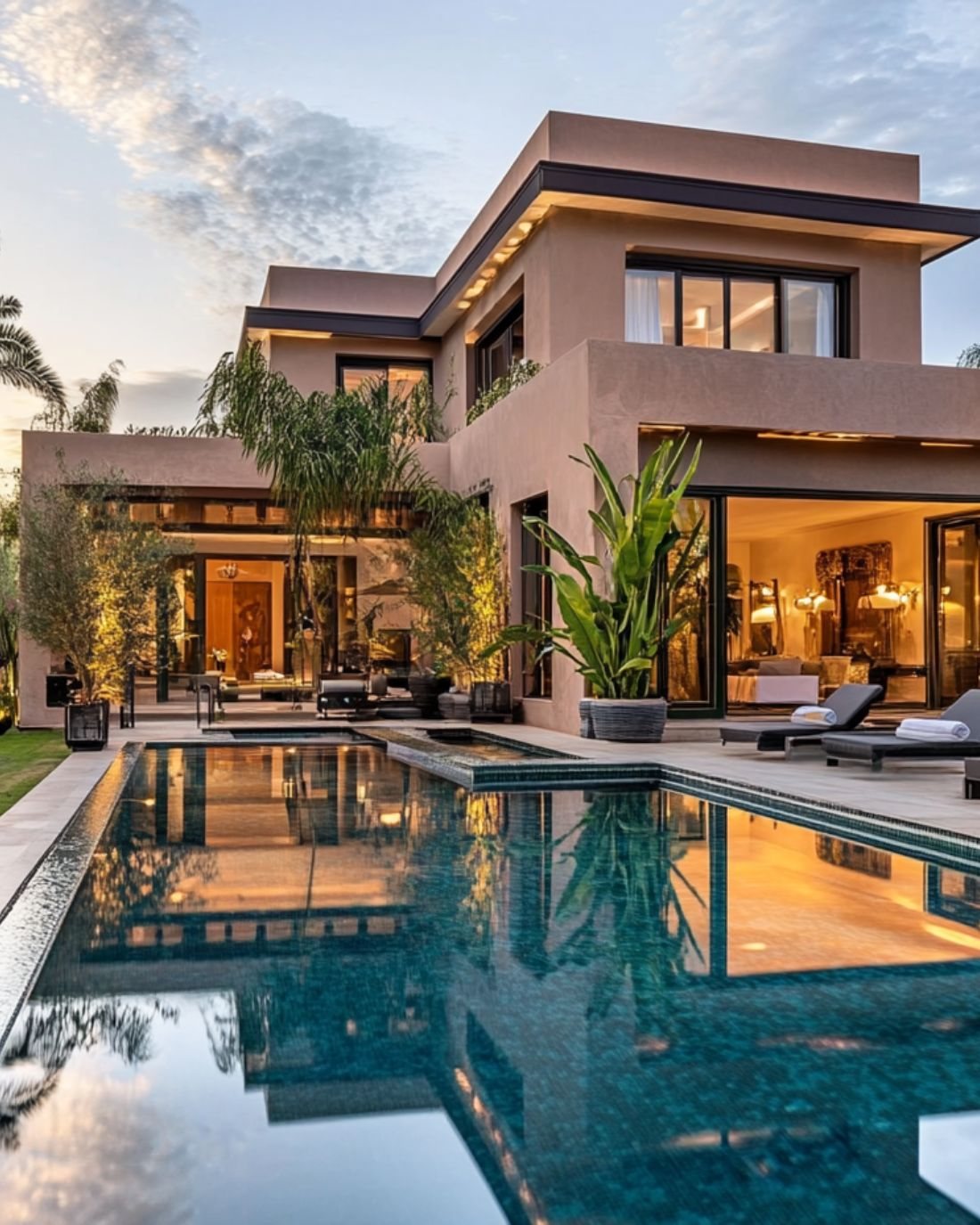 Villa contemporaine aux enduits ocre, piscine à débordement et palmiers au coucher du soleil