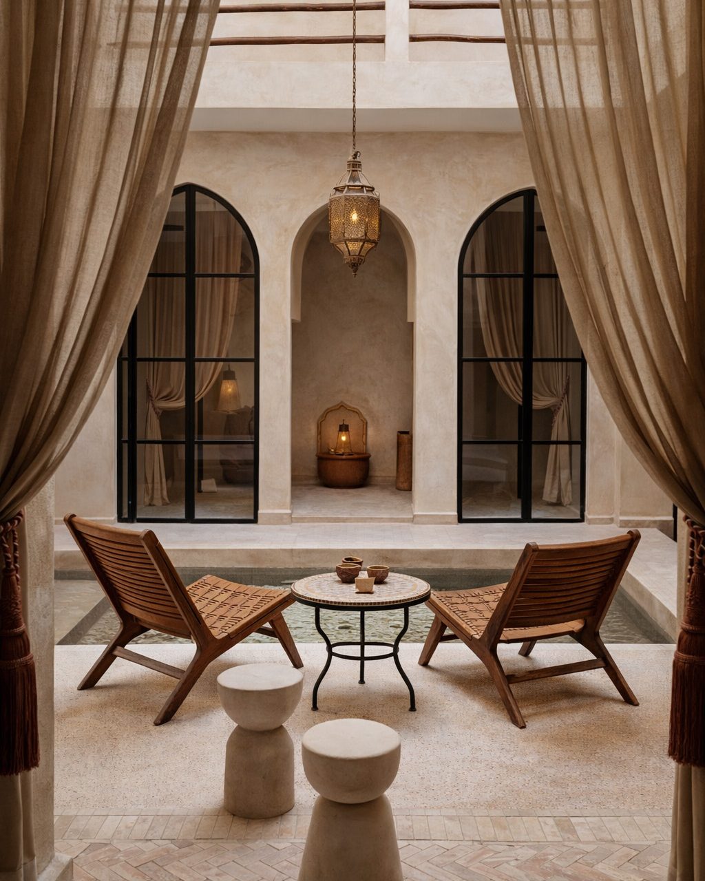 Patio de riad mis en scène : fauteuils en bois et cuir, tabourets en pierre, voilages lin