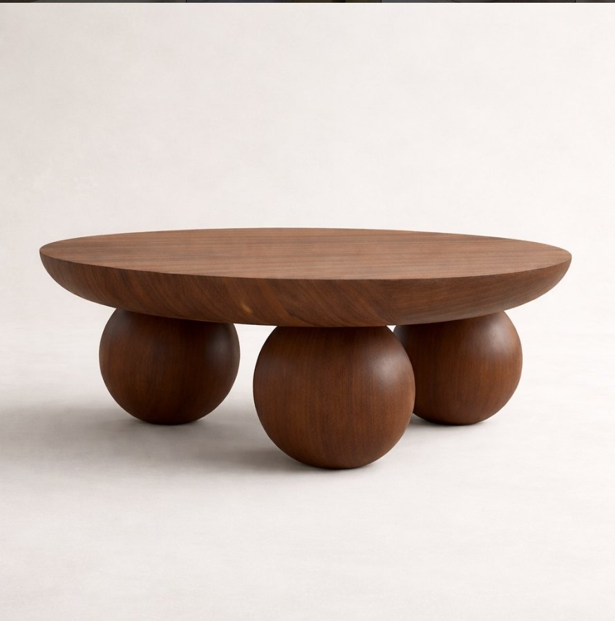 Table basse ronde en bois massif posée sur trois sphères