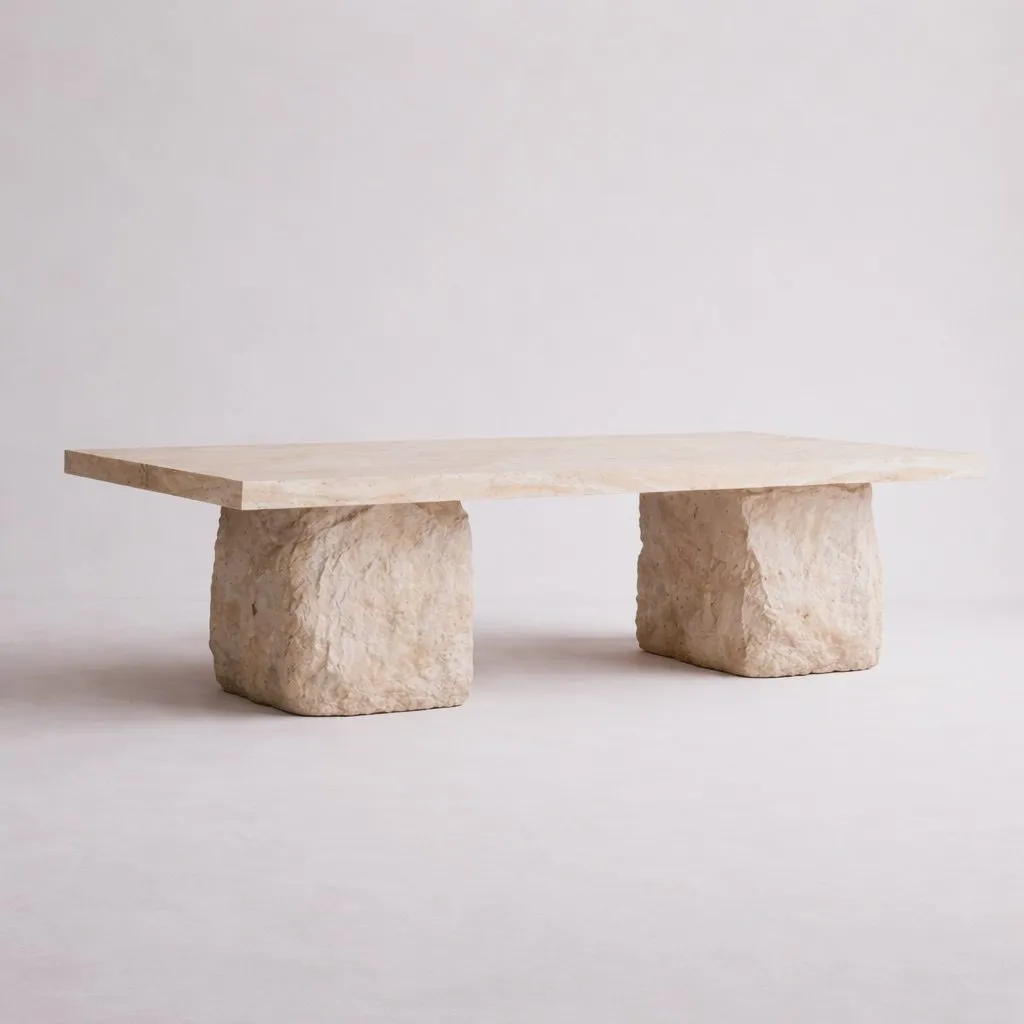 Table basse en travertin posée sur deux blocs de pierre brute