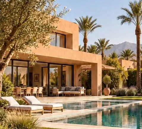 Villa contemporaine avec piscine, palmiers et vue sur l’Atlas