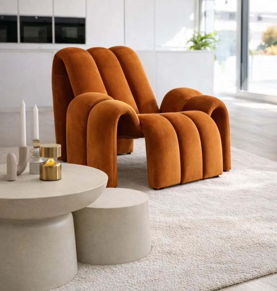 Fauteuil en velours côtelé terracotta