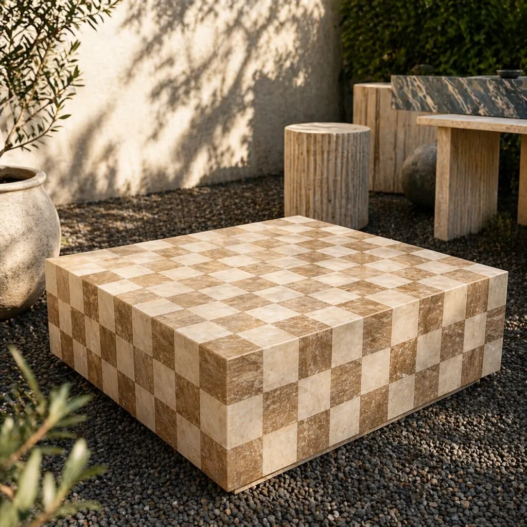 Table basse damier en travertin